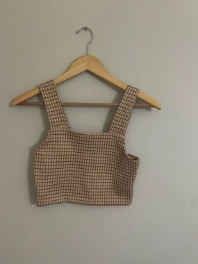 Square Neck Grid-Print Crop Tank Top in Beige